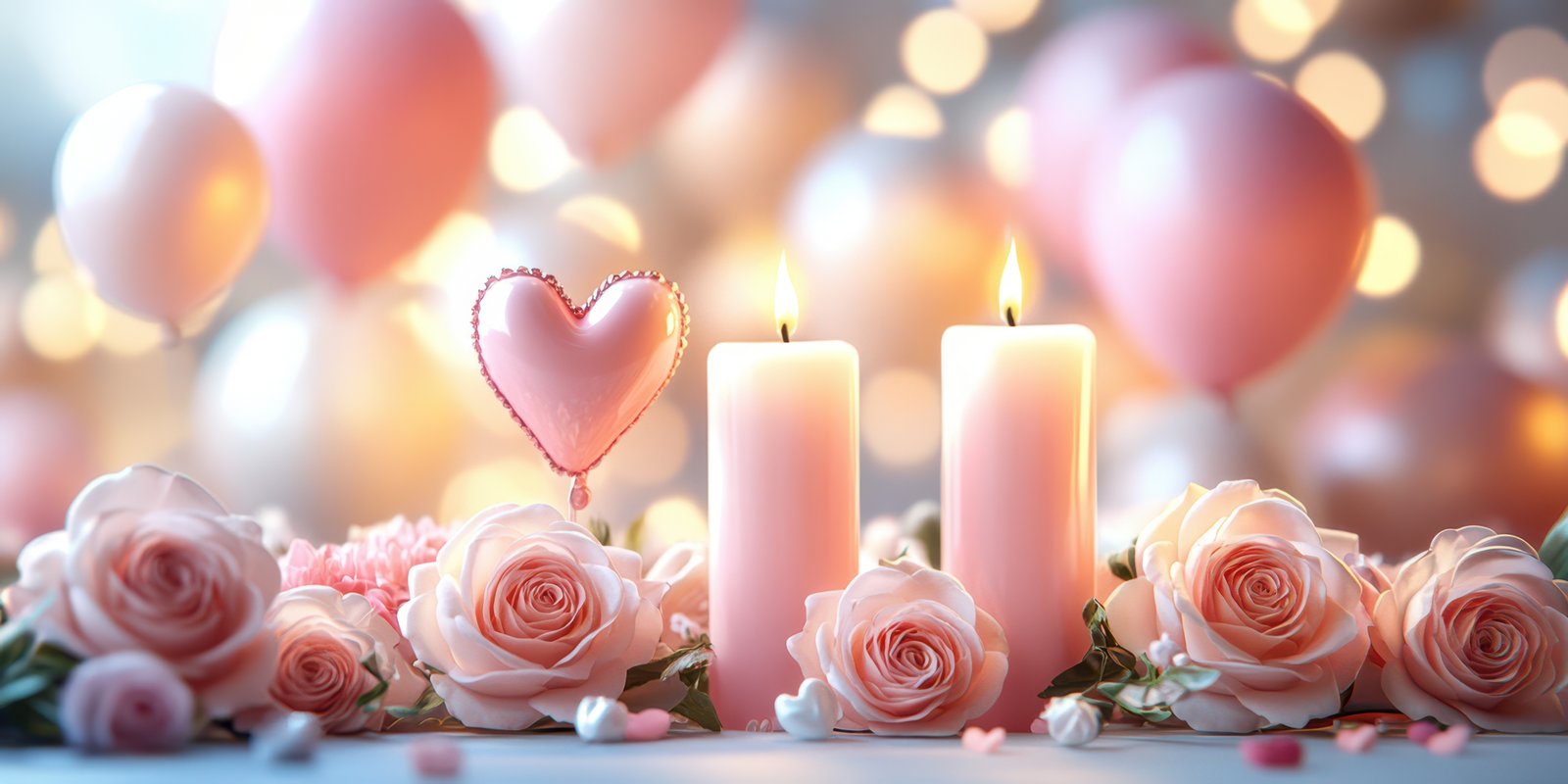 Romantic candlelight setting with pink roses and balloons ideal for a special celebration or intimate gathering